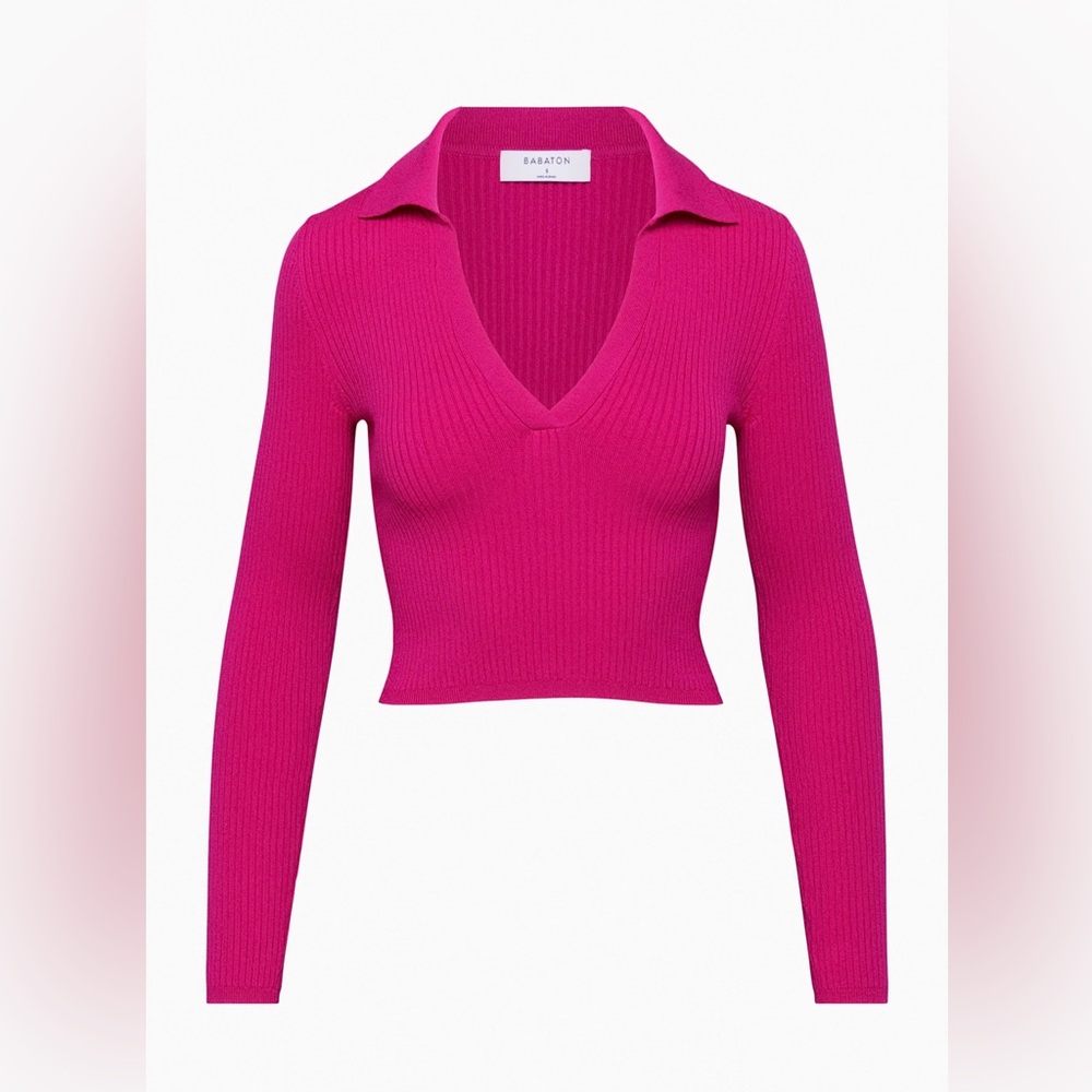 Babaton Pink Fitted Crop Blouse Notched Collar